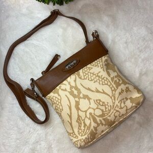 Like New Spartina Daufuskie Island Tan/Cream Pattern Leather/Linen Crossbody